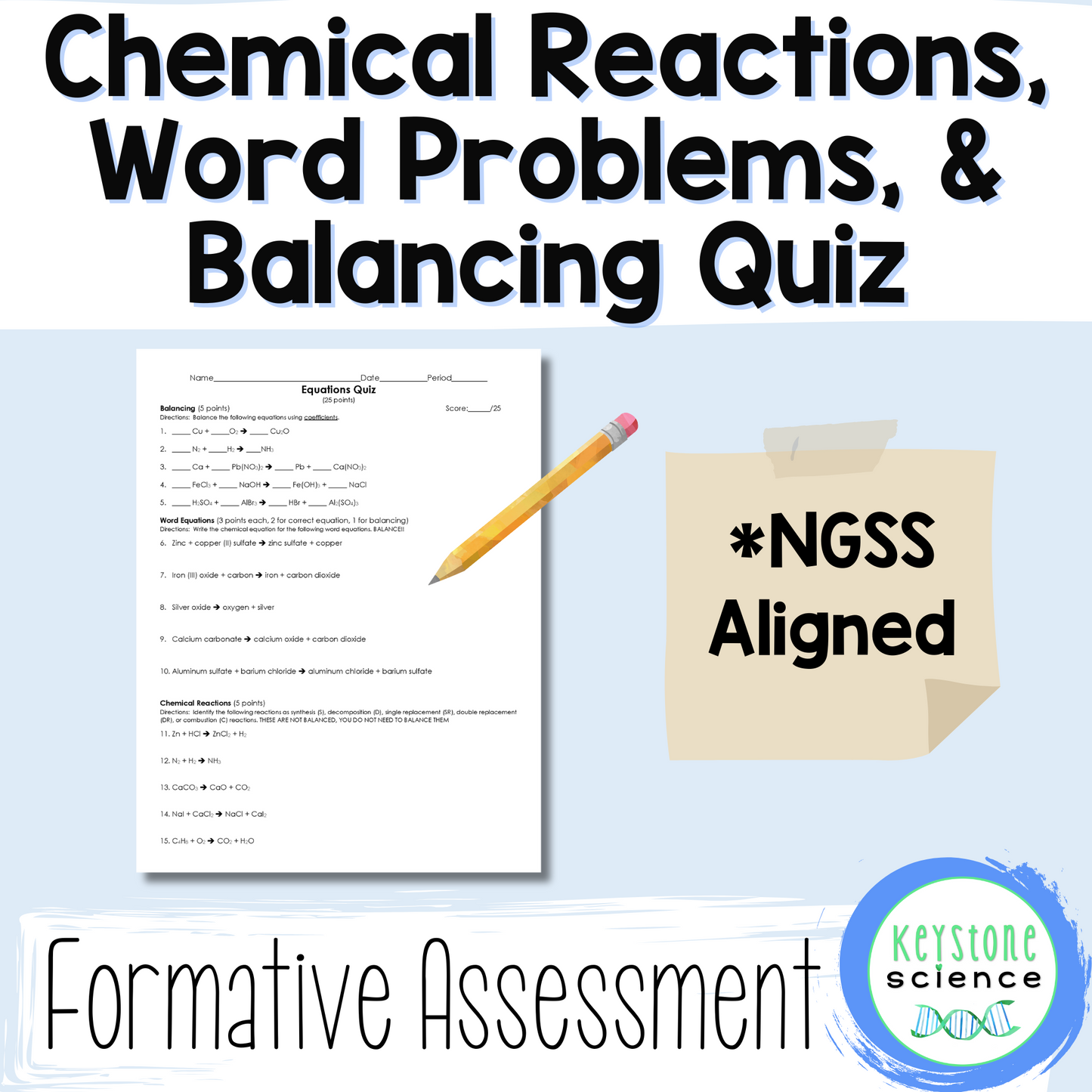 Chemistry Balancing Writing Equation Types Quiz with KEY