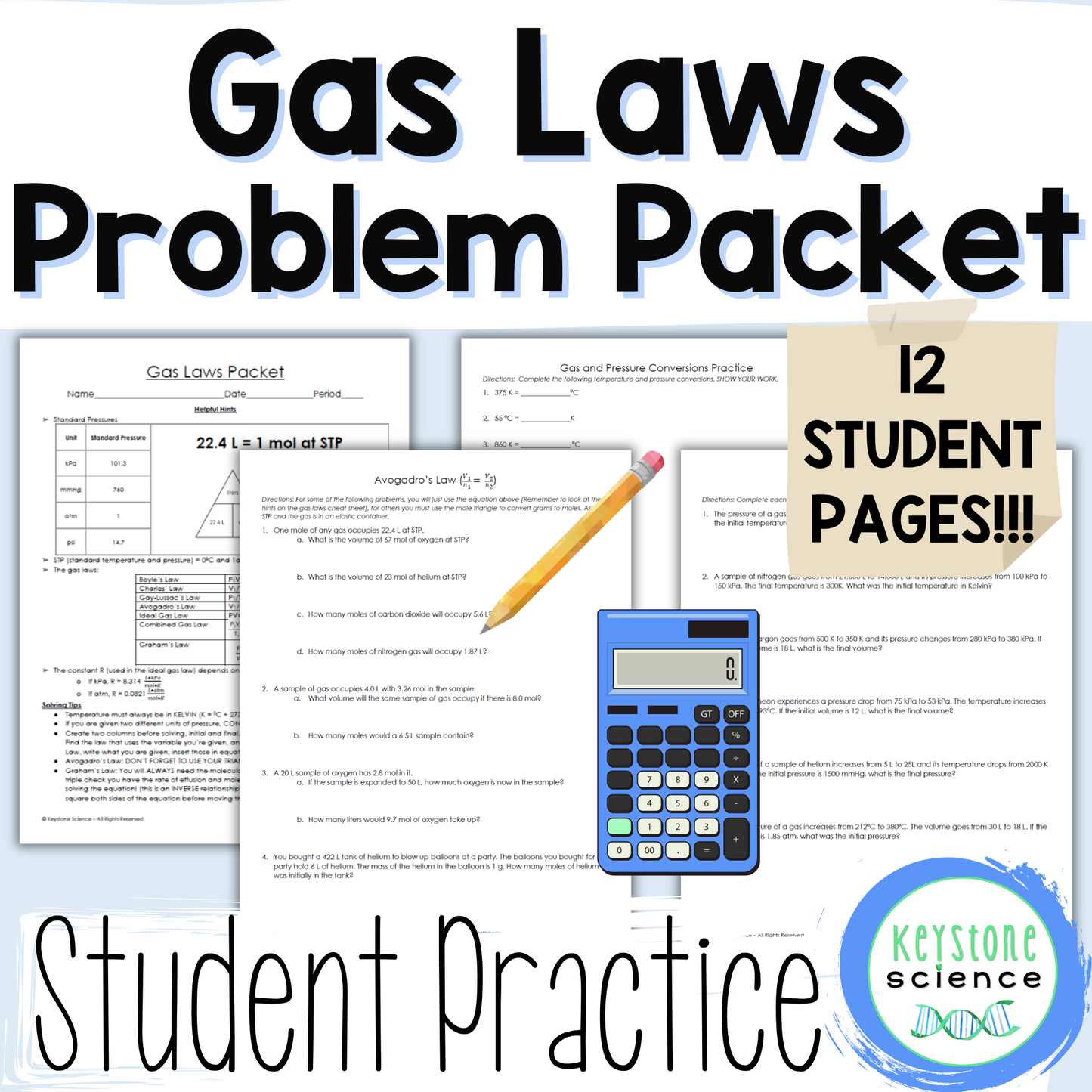 Mixed Gas Laws Problems Packet with Reference Page and Answer Key NGSS