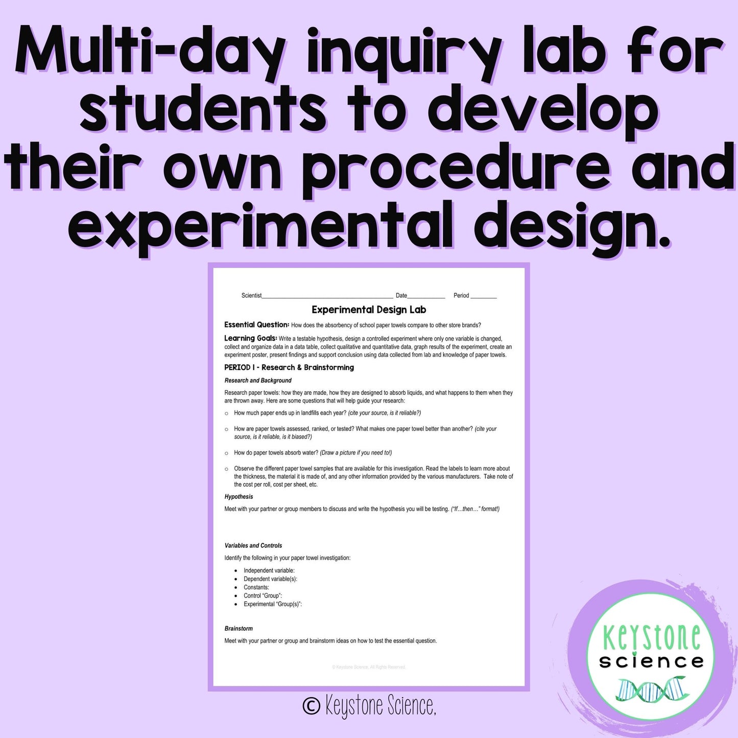 Paper Towel Experimental Design Inquiry Science Lab Scientific Method NGSS
