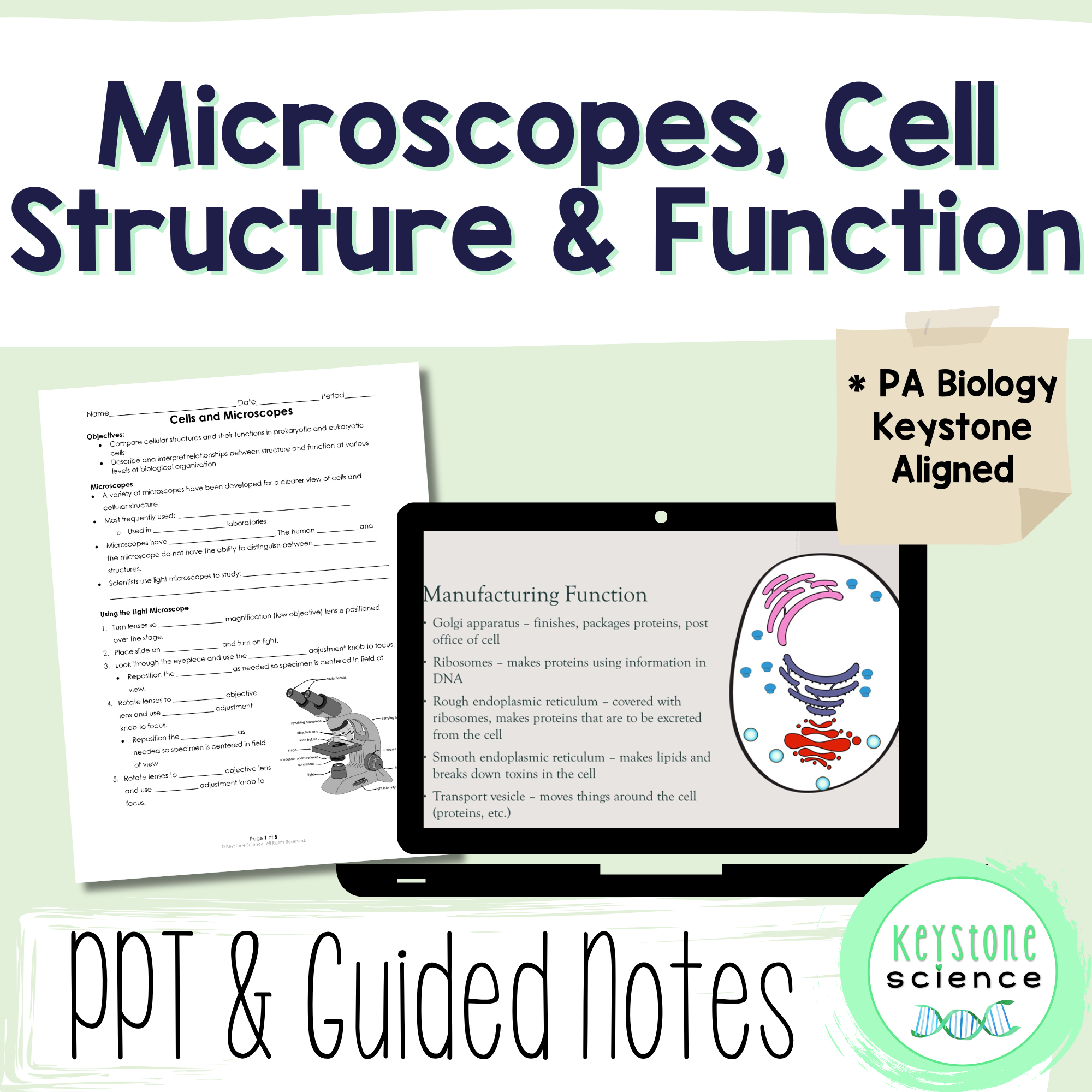 Keystone Microscope Microscopes & Cell Parts PowerPoint, Guided Notes & KEY Biology Keysto ...