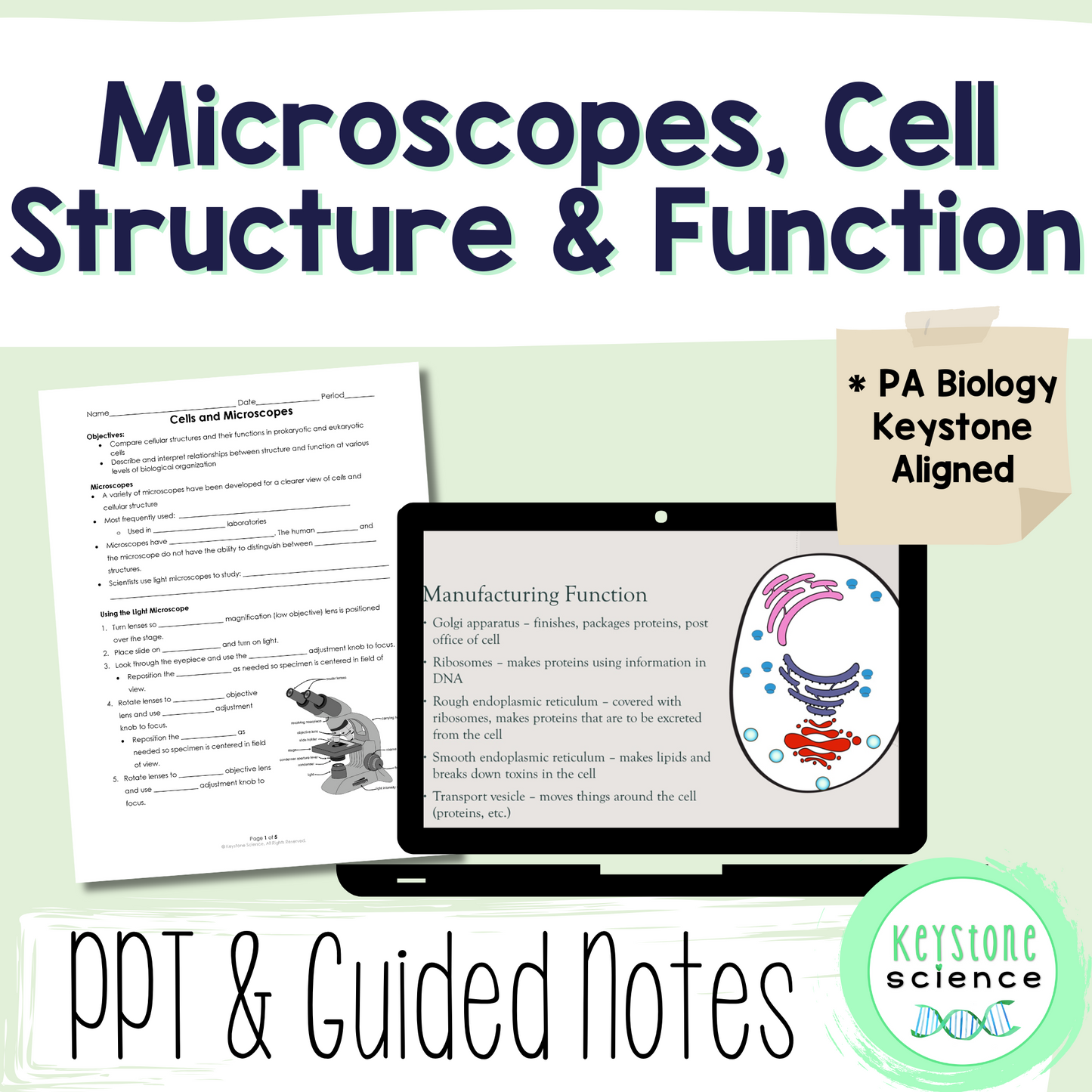 Microscopes & Cell Parts PowerPoint, Guided Notes & KEY Biology Keystone Aligned