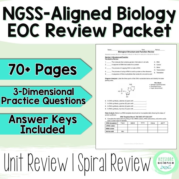 NGSS Aligned Biology End of Year Review Worksheets EOC Test Prep High School