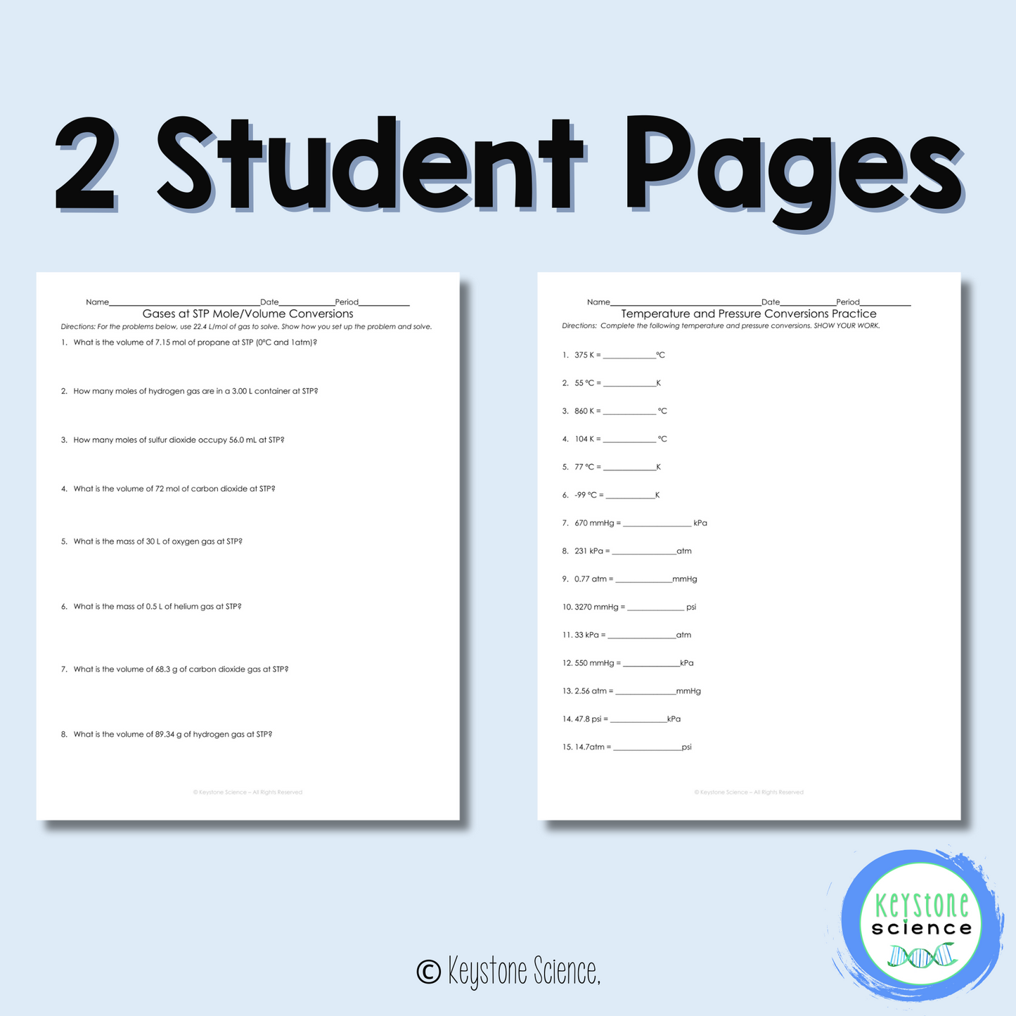 Pressure, Temperature, Mole, Liters Gas Laws Conversion Worksheet with Key