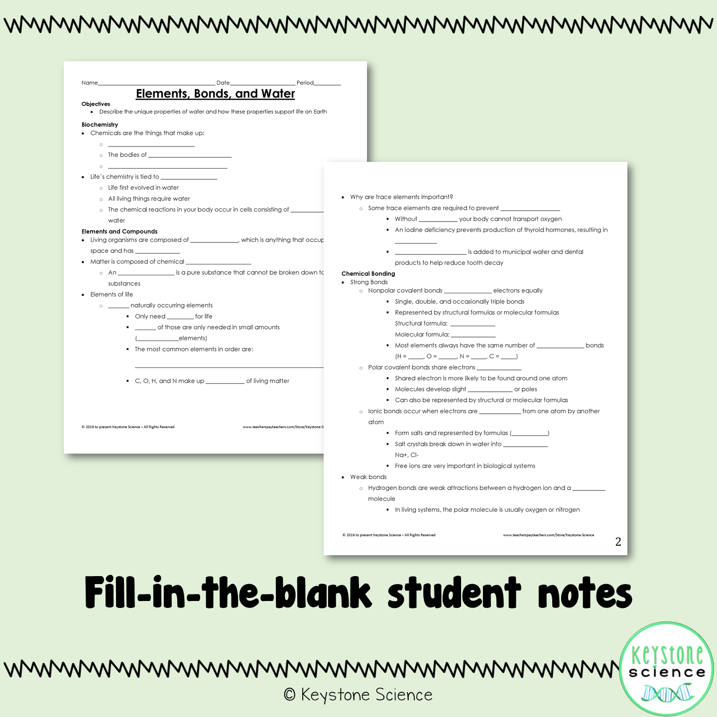 Biochemistry Elements Bonding Water PowerPoint & Notes Biology Keystone Aligned