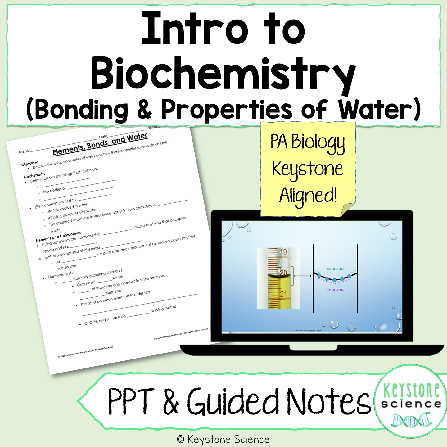 Biochemistry Elements Bonding Water PowerPoint & Notes Biology Keystone Aligned