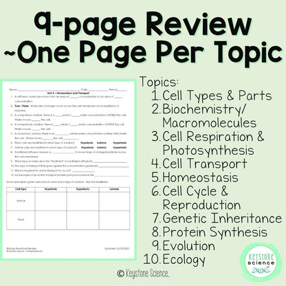Biology Keystone Content Review Packet with Answer Key