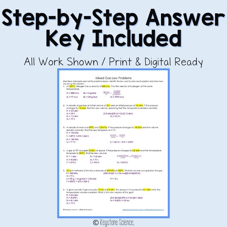 Mixed Gas Laws Problem Worksheet Chemistry