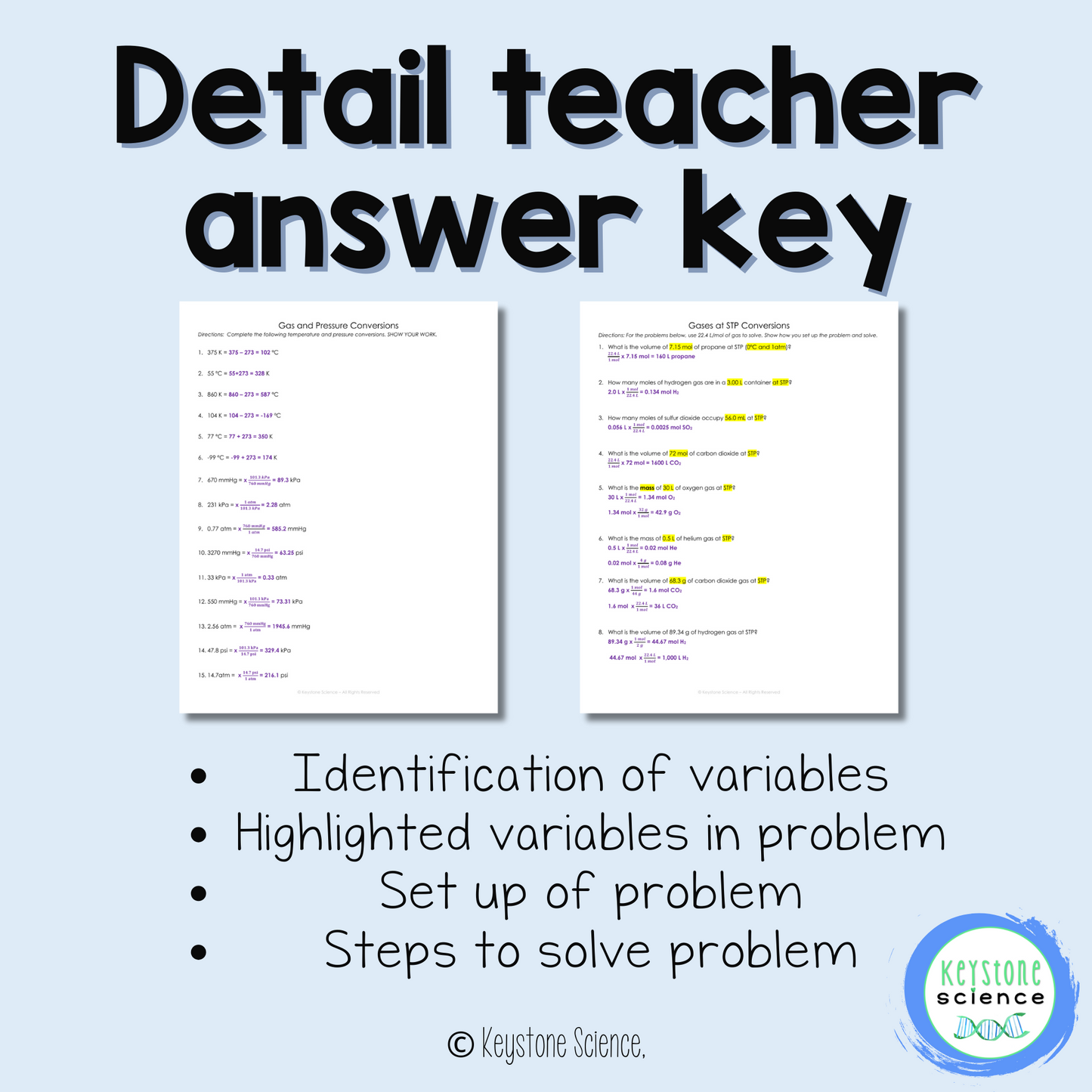 Pressure, Temperature, Mole, Liters Gas Laws Conversion Worksheet with Key