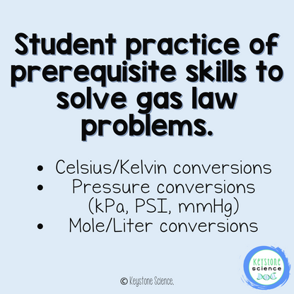 Pressure, Temperature, Mole, Liters Gas Laws Conversion Worksheet with Key