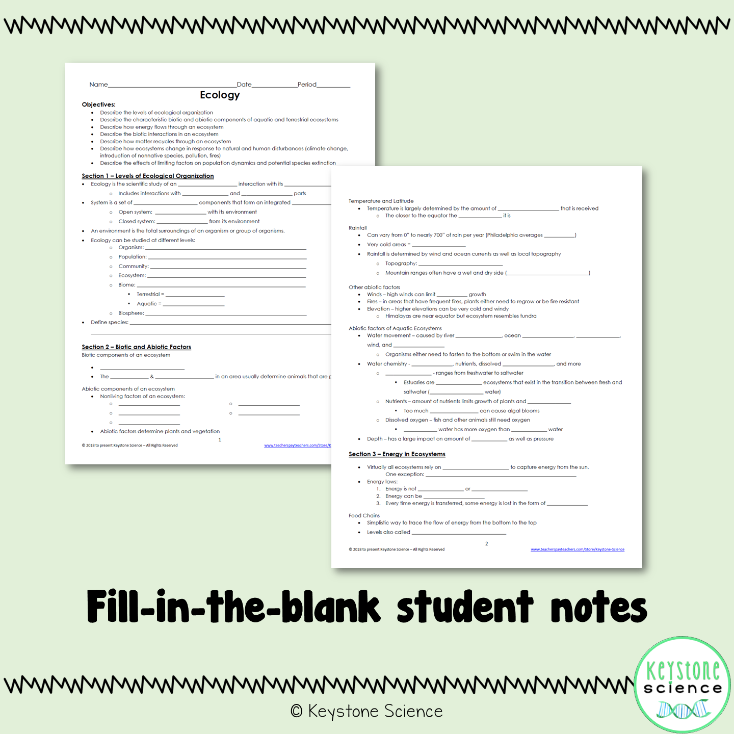 Ecology PowerPoint Guided Notes with KEY Biology Keystone Aligned