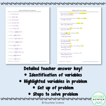 Pressure, Temperature, Mole, Liters Gas Laws Conversion Worksheet with Key