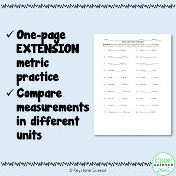 Extension Metric Conversion Unit Comparison Challenge Student Worksheet with Key