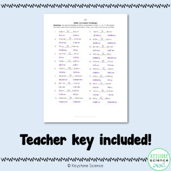 Extension Metric Conversion Unit Comparison Challenge Student Worksheet with Key